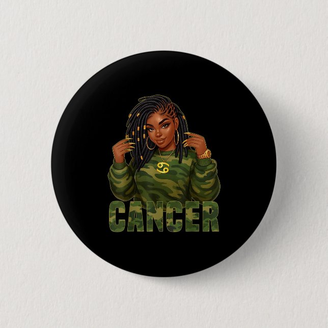 Cancer Queen Loc&#39;d Black Woman Camouflage Zodi Button (Vorderseite)