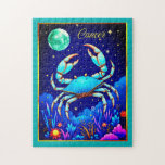 Cancer the Crab Zodiac Sign Puzzle<br><div class="desc">Puzzle in an illustration of the Cancer zodiac sign featuring a large,  blue crab with orange accents set against a starry night sky. A glowing full moon hovers above,  while colorful,  dreamlike  sea flora fills the foreground.</div>