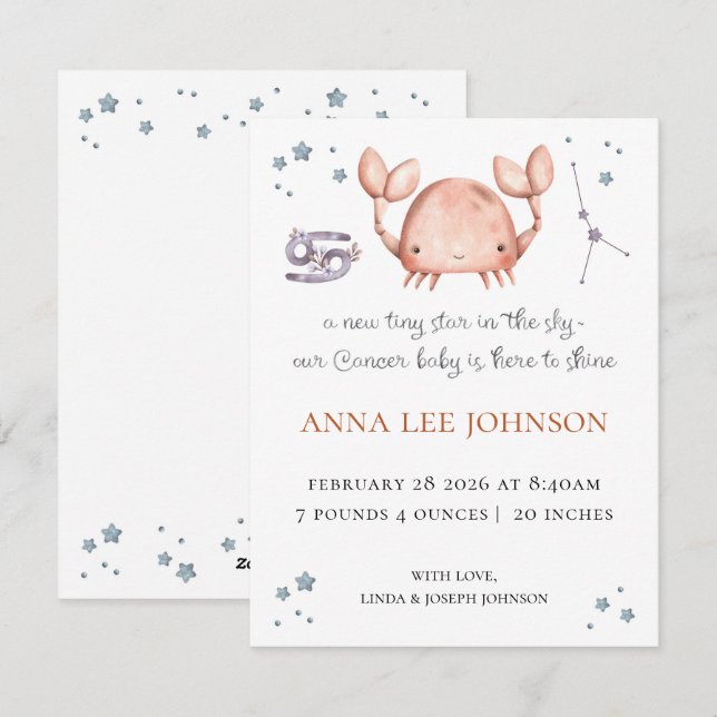 Cancer Zodiac Birth Announcement Feiertagskarte (Vorne/Hinten)