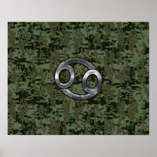 Cancer Zodiac Symbol on Woodland Digital Camo Poster