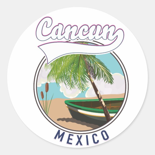 Cancun Mexico Beach Reiselogo Runder Aufkleber (Vorderseite)