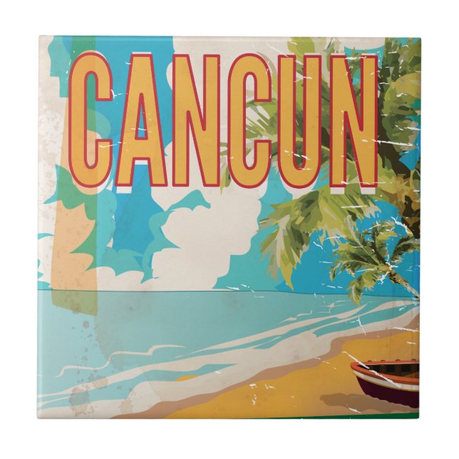 Cancun Mexico Beach Vintage Reiseplakat Fliese (Vorderseite)