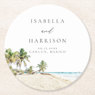 CANCUN Wasserfarbe Strand Palmen Reiseziel Runder Pappuntersetzer