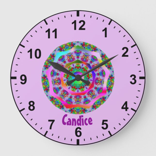 CANDICE ~ Rainbow Fraktal Pattern ~ Personalisiert Große Wanduhr (Vorderseite)