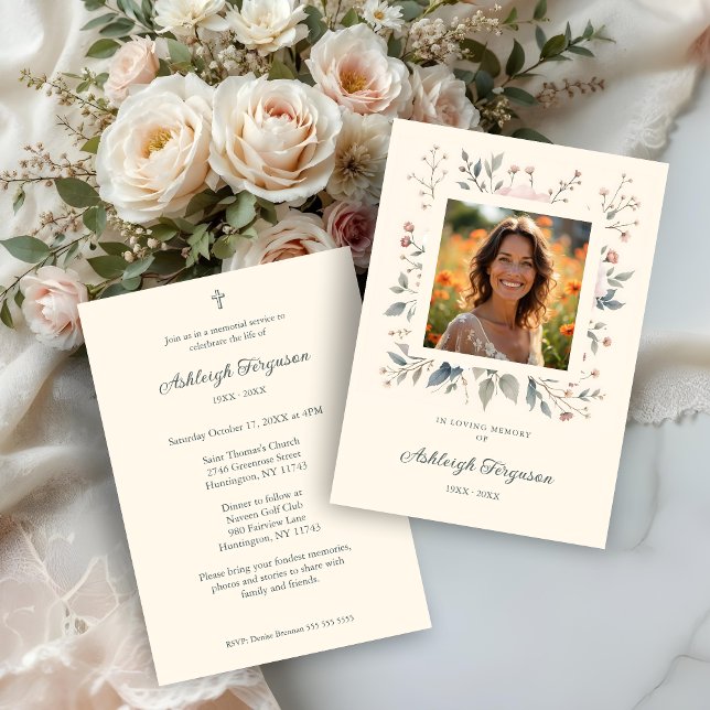 Candid Delicate Pastel Floral Frame Photo Funeral  Einladung (Candid Delicate Floral Frame Photo Funeral Invitations Cards in Soft Pastel Colors.)