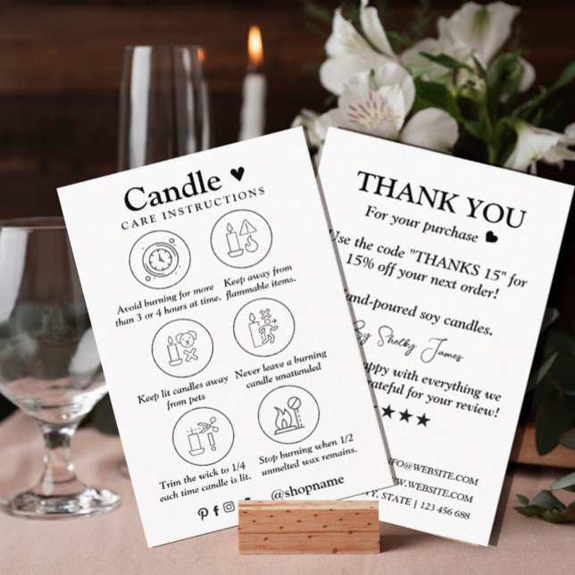 Candle Care Black & White | Benutzerdefiniertes Lo Visitenkarte (#zazzlemade #blackandwhite #thankyoucard #warningcard #instruction #candlecard #instructionicons)