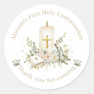 Candle Cross Bible Roses First Holy Communion Runder Aufkleber