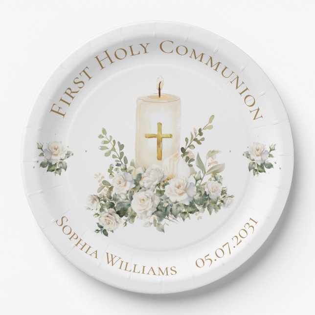 Candle Cross Flowers First Holy Communion  Pappteller (Vorderseite)