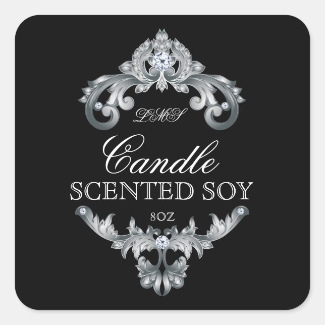 Candle Elegant Silver Black Product Label Quadratischer Aufkleber (Vorderseite)