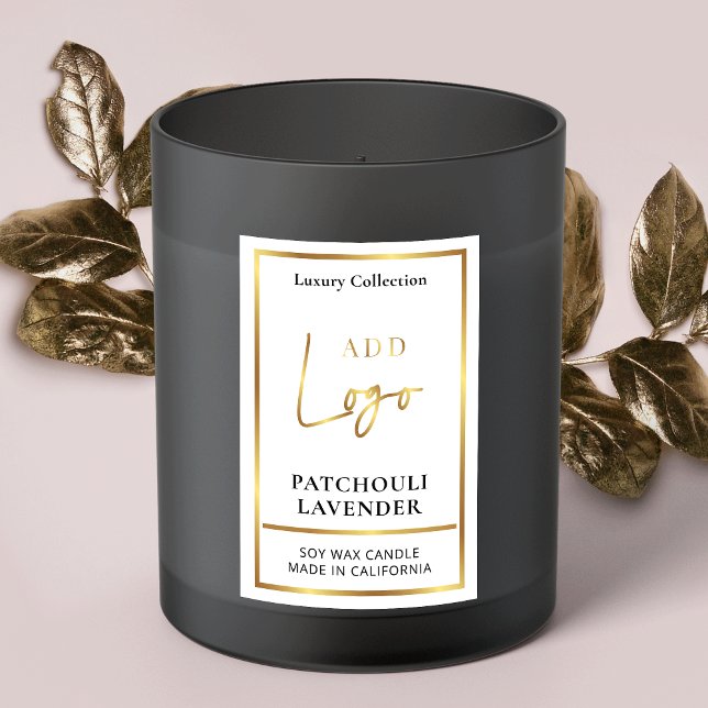 Candle Jar Packaging Label Gold Logo Elegant Lebensmitteletikett (White and gold logo rectangle product stickers for candle jars, wax melt clamshells, doy packs etc.)