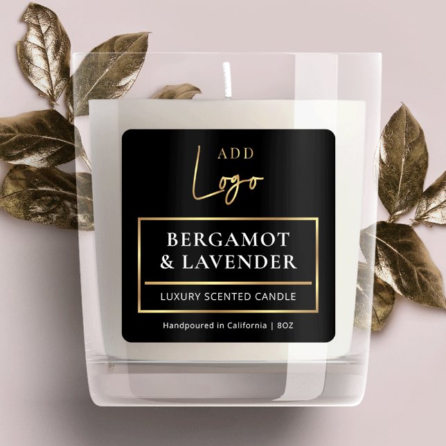Candle Jar Product Label Elegantes Black & Gold Lo Quadratischer Aufkleber (Elegant gold logo square product sticker with fully editable text and faux gold effects)