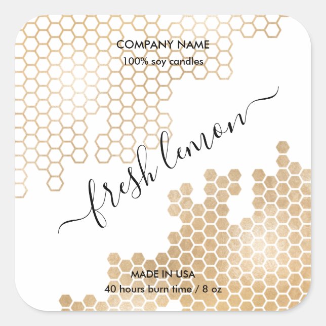 Candle-Label HONEYCOMB Bienenwachs Quadratischer Aufkleber (Vorderseite)