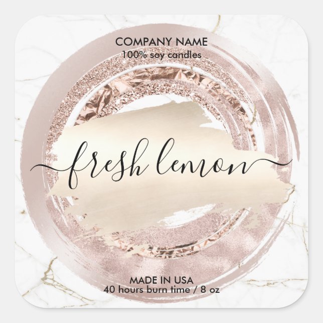 Candle-Label Moderner Rosa Goldmarmor Quadratischer Aufkleber (Vorderseite)