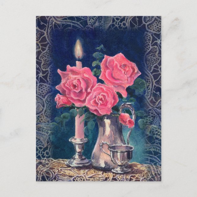 CANDLE LIGHT & ROSE von SHARON SHARPE Postkarte (Vorderseite)