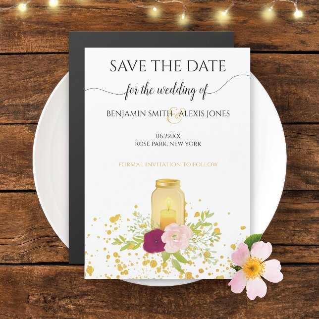 Candle Mason Jar Gold Sparkle Save the Date Magneteinladung (Von Creator hochgeladen)