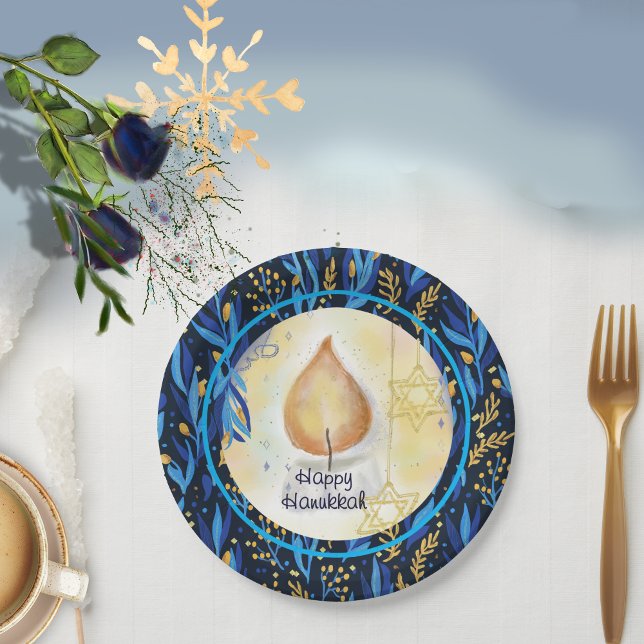 Candle Navy blaues Muster Happy Hanukkah Pappteller (Candle Navy Blue Pattern Happy Hanukkah Paper Plates)