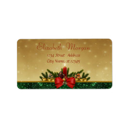 Candle, Pine Tree, Red Bow Holiday Adressaufkleber