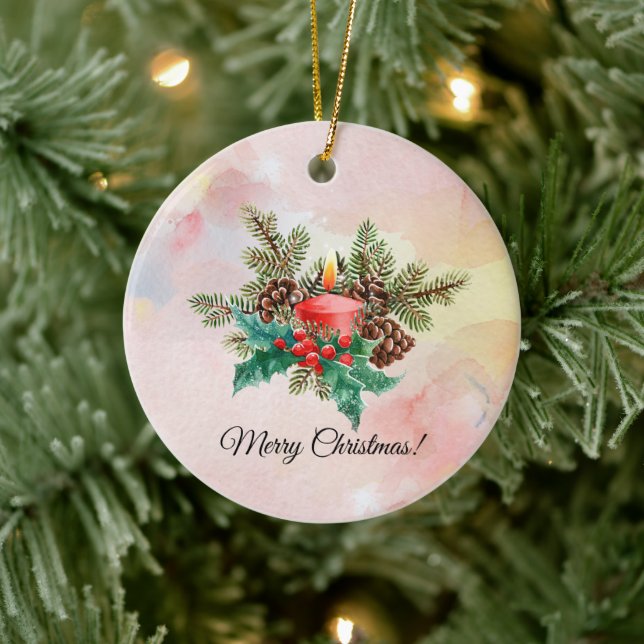 Candle und Mistleton Aquarellkunst Keramik Ornament (Baum)