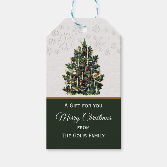 Candlelit Weihnachtsbaum mit Schneeflocken Geschenkanhänger (Vorderseite)