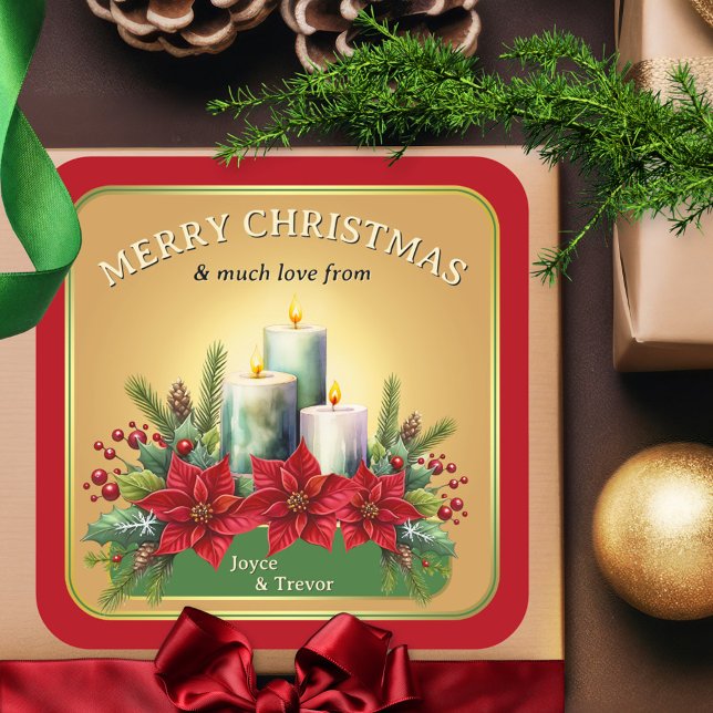 Candles Poinsettia Weihnachten Quadratischer Aufkleber (Festive colorful Christmas sticker featuring watercolor candles with poinsettia flowers on gold)
