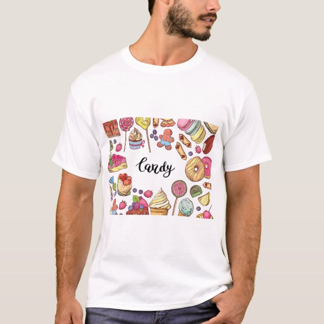 Candy and Dessert Doodles Sweet Leckereien Muster T-Shirt (Vorderseite)