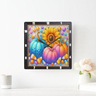 Candy Autumn Pumpkins Sonnenblume Quadratische Wanduhr