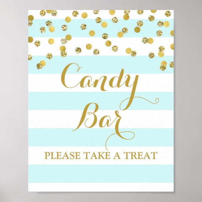 Candy Bar Wedding Sign Blue Stripe Gold Confetti Poster (Vorne)