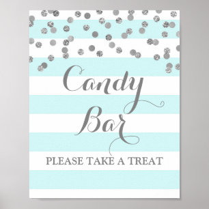 Candy Bar Wedding Sign Blue Stripes Silver Poster