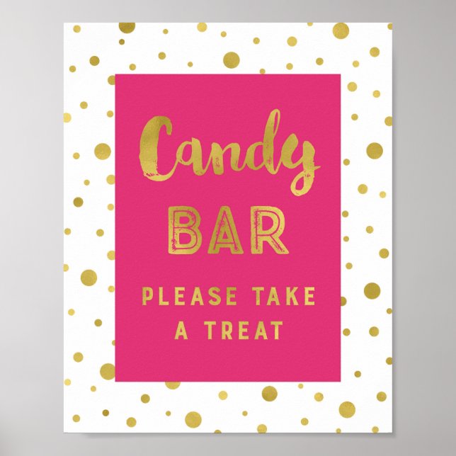 Candy Bar Wedding Sign Hot Pink Gold Streifen Poster (Vorne)
