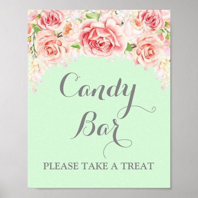 Candy Bar Wedding Sign Pink Aquarell Blumenminze Poster (Vorne)