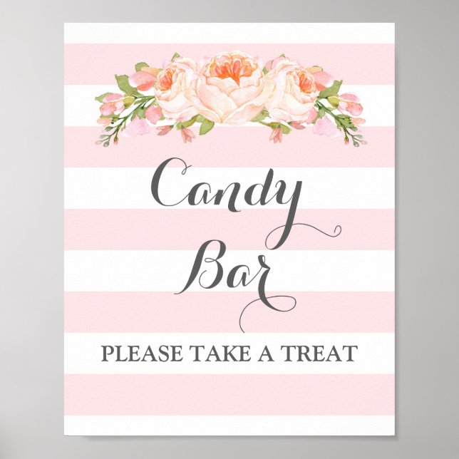 Candy Bar Wedding Sign Pink Blume Streifen Poster (Vorne)