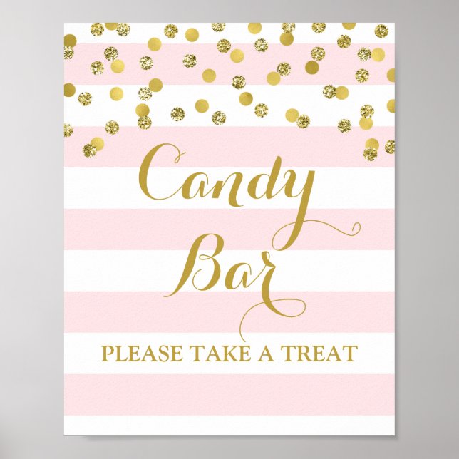 Candy Bar Wedding Sign Pink Streifen Gold Confetti Poster (Vorne)
