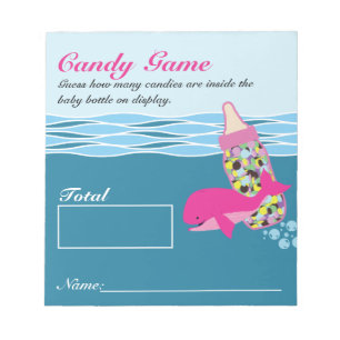 Candy Bottle Guessing Game, M&M, Whale Baby Dusche Notizblock