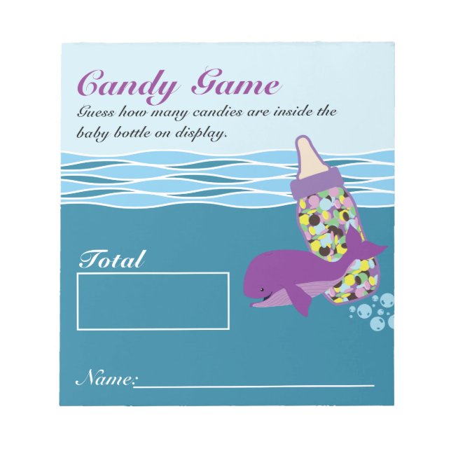 Candy Bottle Guessing Game, M&M, Whale Baby Dusche Notizblock (Vorderseite)