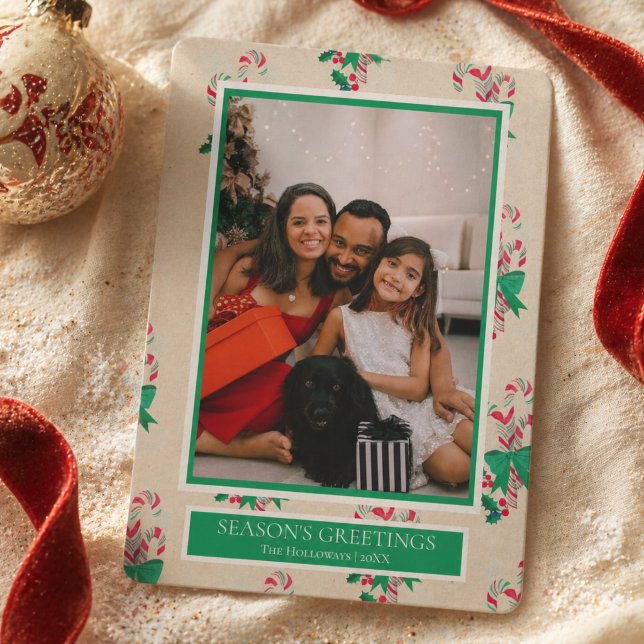 Candy Cane 1 Foto Feiertagskarte (Watercolor Candy Cane One Photo Holiday Card)