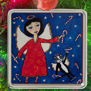 Candy Cane Angel Cat Christmas Folklore Art Ornament Aus Metall