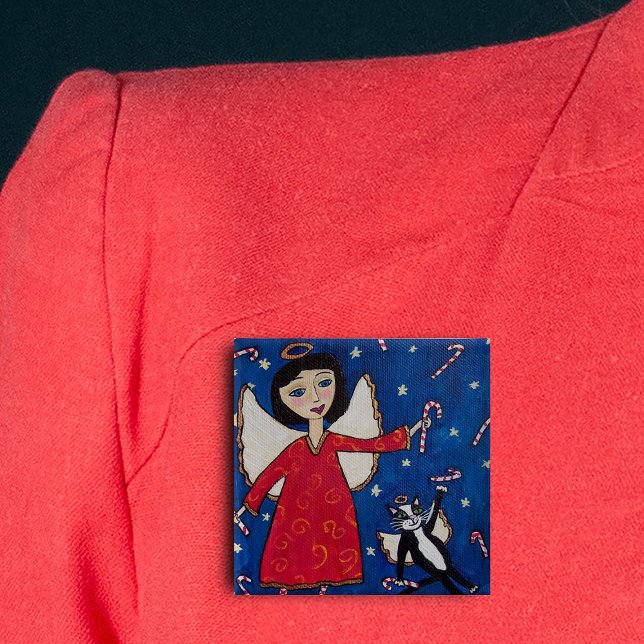 Candy Cane Angel Cat Folk Weihnachten Button (Angel in red dress floating in sky with angel cat and candy canes on Christmas pin back button.)