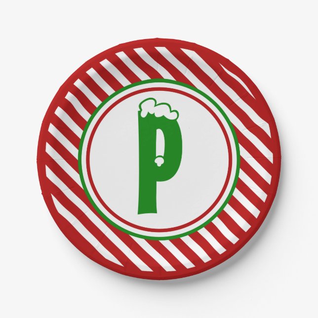 Candy Cane Basics Red/White Monogram Pappteller (Vorderseite)