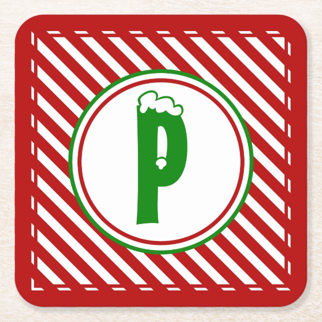 Candy Cane Basics Red/White Monogram Rechteckiger Pappuntersetzer (Vorderseite)