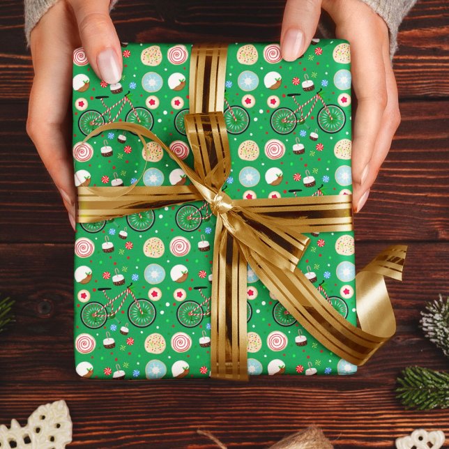 Candy Cane Bicycle with Christmas Treats Green Geschenkpapier (Von Creator hochgeladen)