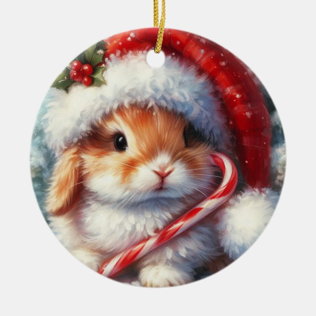 Candy Cane Bunny Rabbit Weihnachten Keramik Ornament (Vorne)