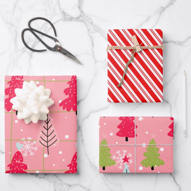 Candy Cane Christmas Pink Tree Doodle Geschenkpapier Set (Vorderseite)