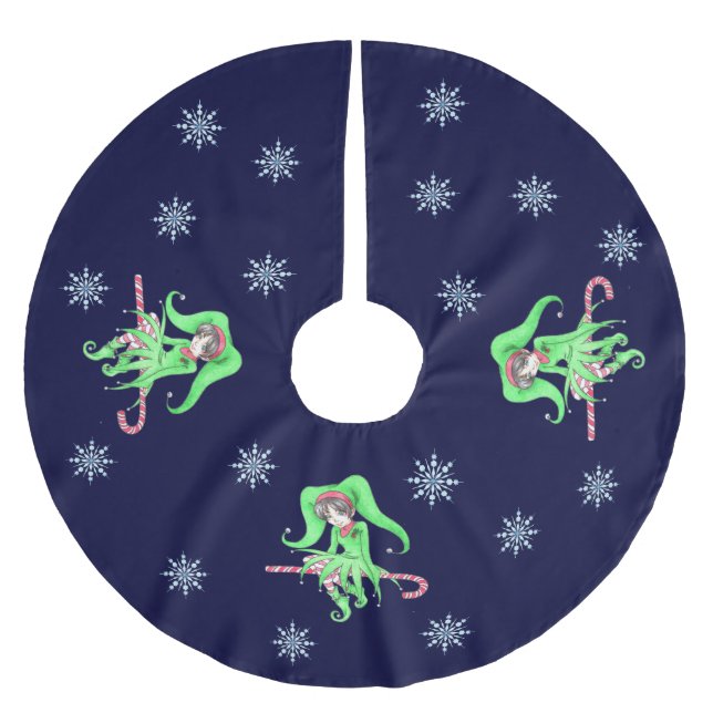 Candy Cane Elf Christmas Tree Skirt Polyester Weihnachtsbaumdecke (Vorderseite)