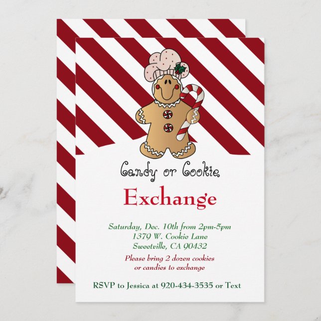 Candy Cane Gingerbrot Cookie & Candy Exchange Einladung (Vorne/Hinten)