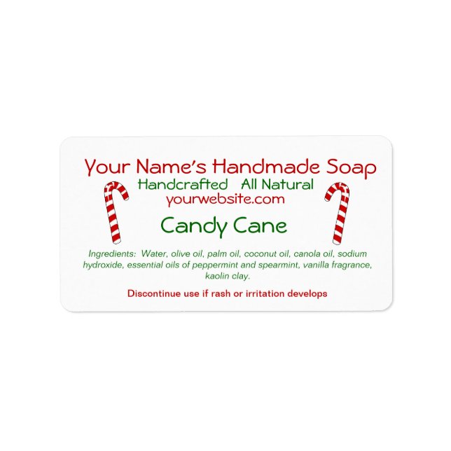 Candy Cane Handmade Christmas Soap Labels Template Adressaufkleber (Vorne)