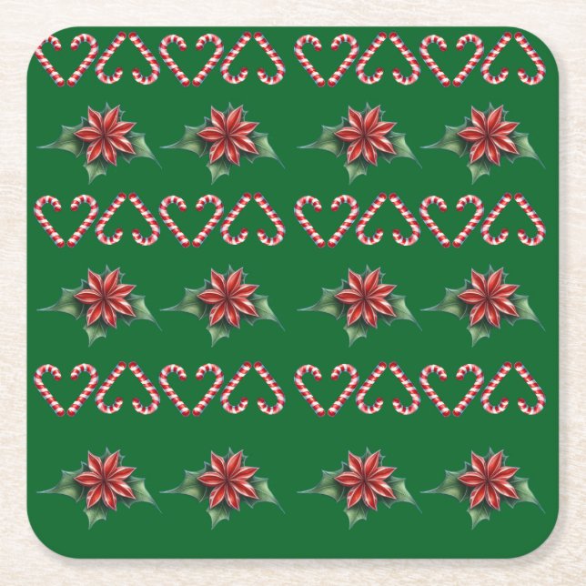 Candy Cane Heart and Holly Pattern – Festive Chris Rechteckiger Pappuntersetzer (Vorderseite)