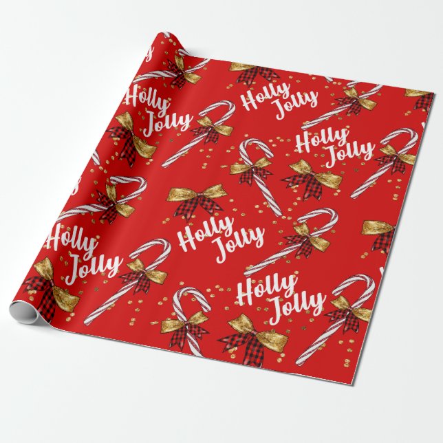 Candy Cane Holly Jolly Weihnachtsgeschenk Wrap Geschenkpapier (Ungerollt)