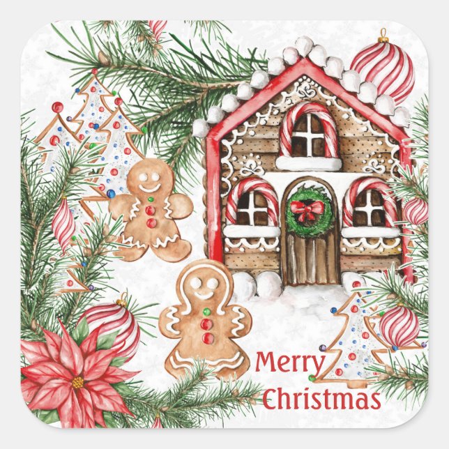 Candy Cane House, Lebkuchen Mann, Poinsettia Quadratischer Aufkleber (Vorderseite)