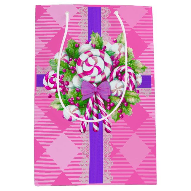 Candy Cane Lila und rosa Weihnachten Mittlere Geschenktüte (Vorderseite)