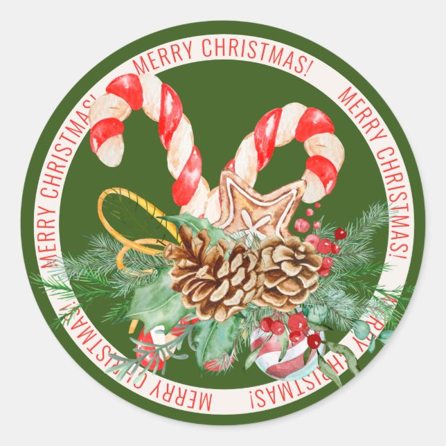 Candy Cane Merry Christmas Round Sticker (Vorderseite)